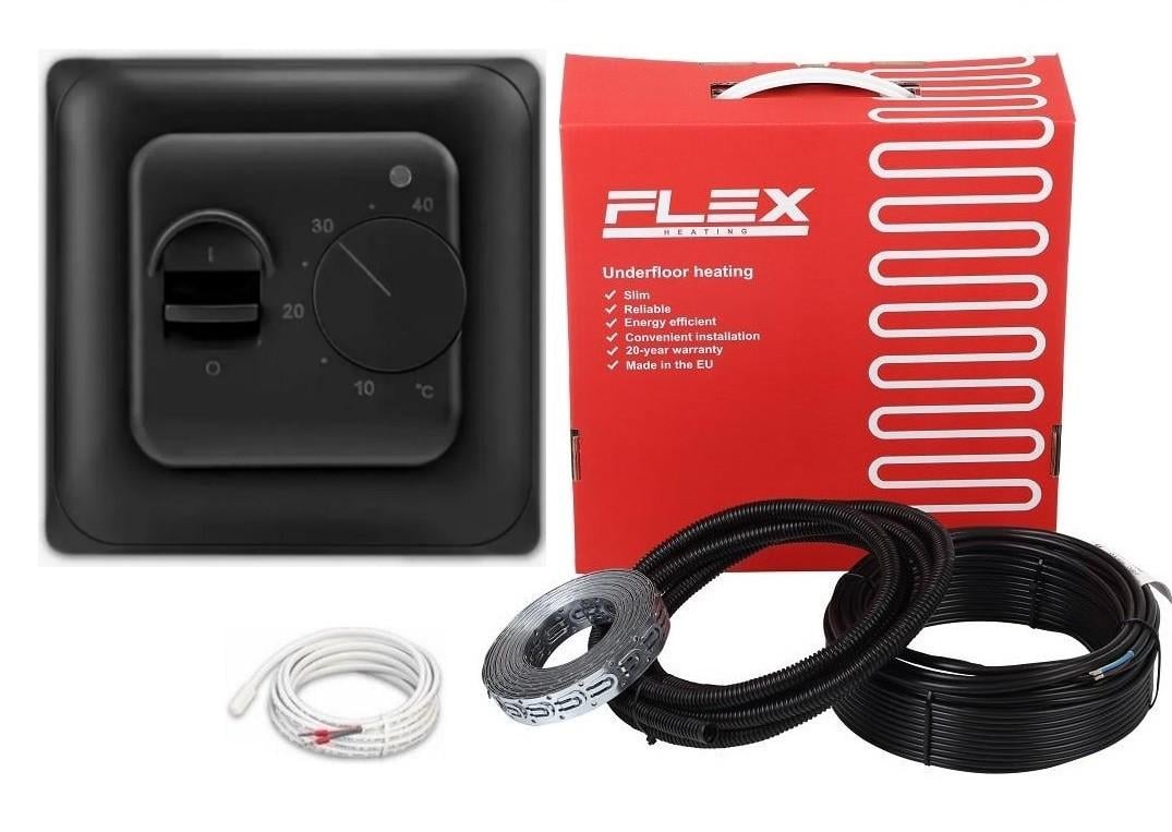 Кабель нагревательный FLEX 4,5 м²-5,4 м²/787,5 Вт/45 м с механическим черным терморегулятором RTC70
