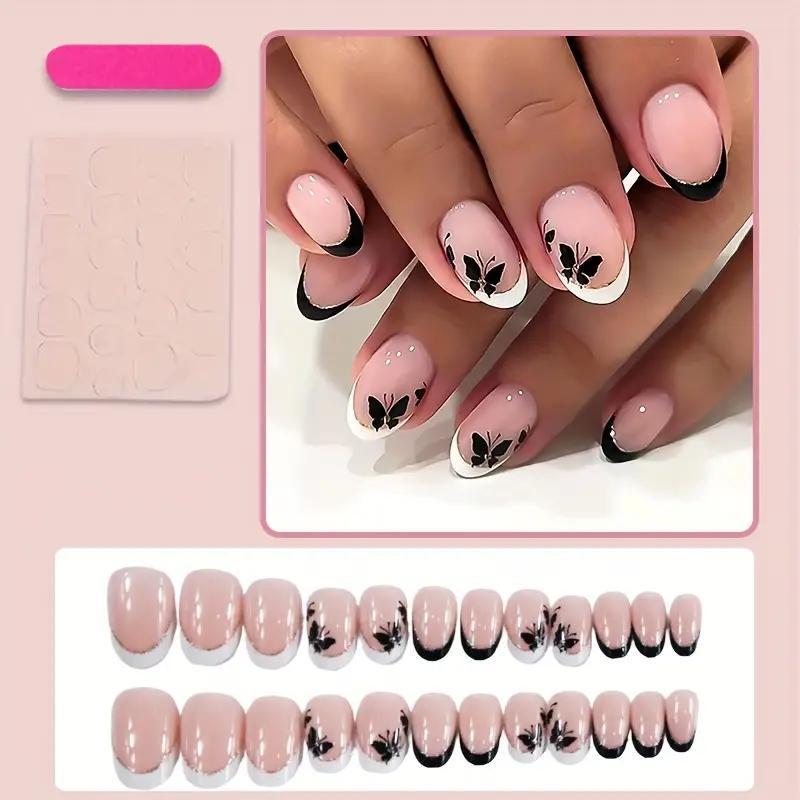 Накладные ногти короткие френч Бабочки овальная форма с клеевыми пластинами 24 шт. Белый с черным (2789190706) - фото 7 Накладные ногти короткие френч Бабочки овальная форма с клеевыми пластинами 24 шт. Белый с черным (2789190706) - фото 7