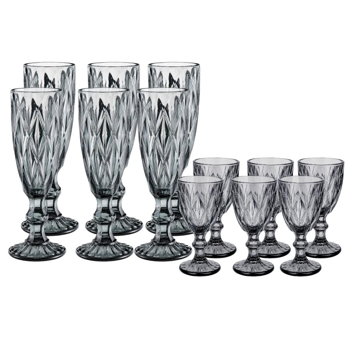 Набор бокалов граненных для шампанского с рюмками High Quality Glass 12 предметов Smoky grey