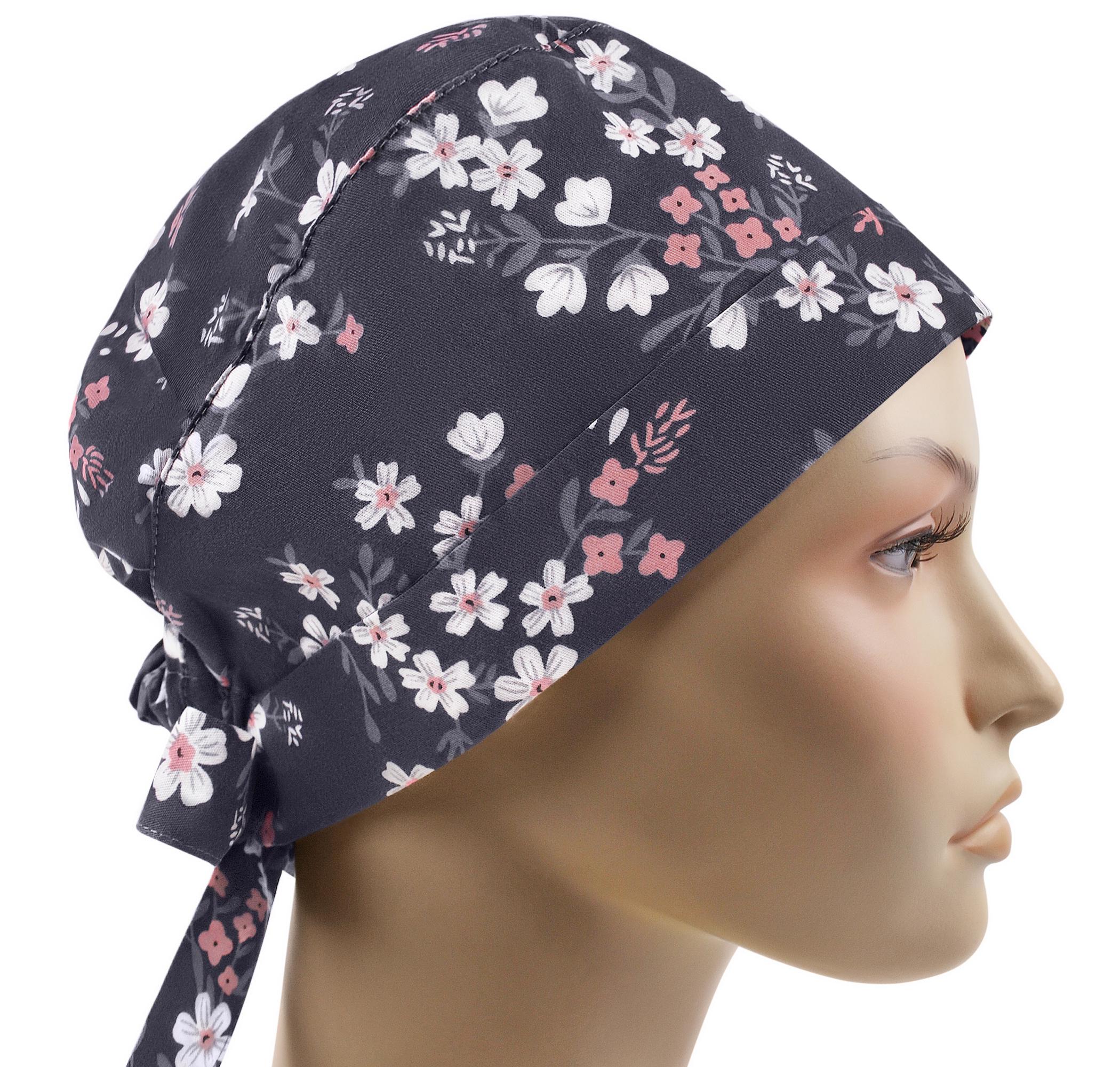 Шапочка медична жіноча SSC Квіти білі та рожеві на графіті універсальна (pixie037)