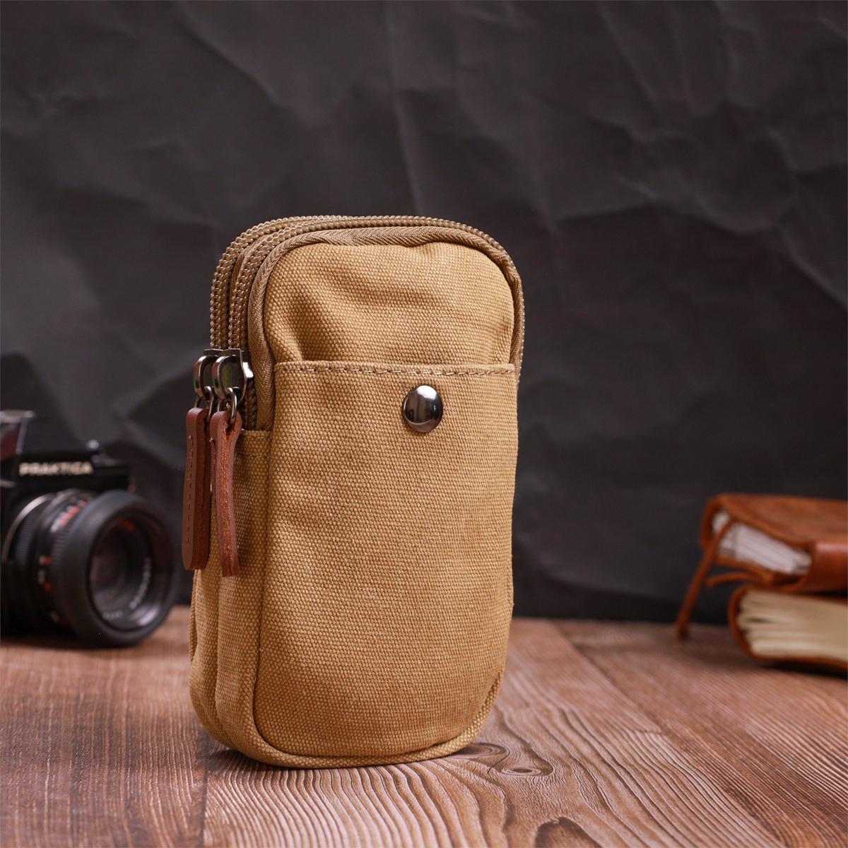 Мужская сумка-чехол на пояс Vintage Bag 22227 из текстиля с металлическим карабином Песочный - фото 7