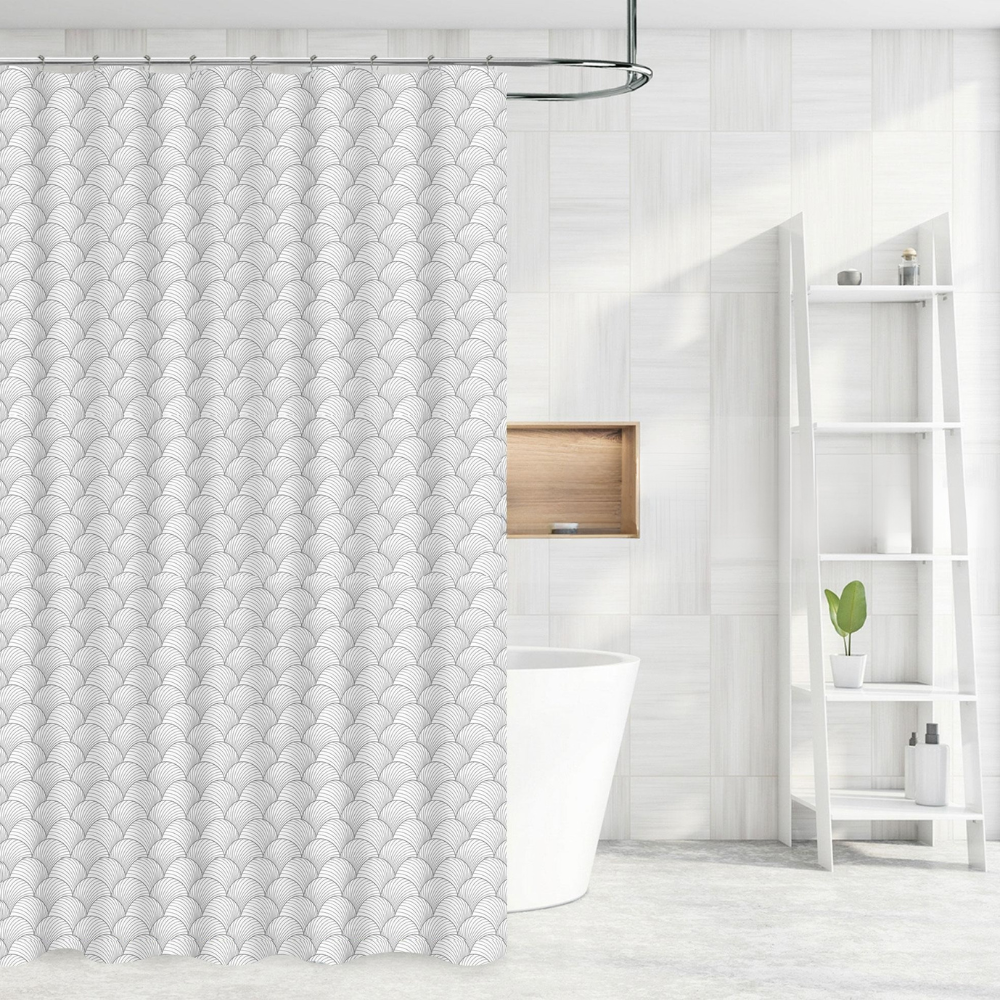 Набор шторка для ванной и душа из полиэстера с металлическими крючками с серебристым узором 180x180 см Белый