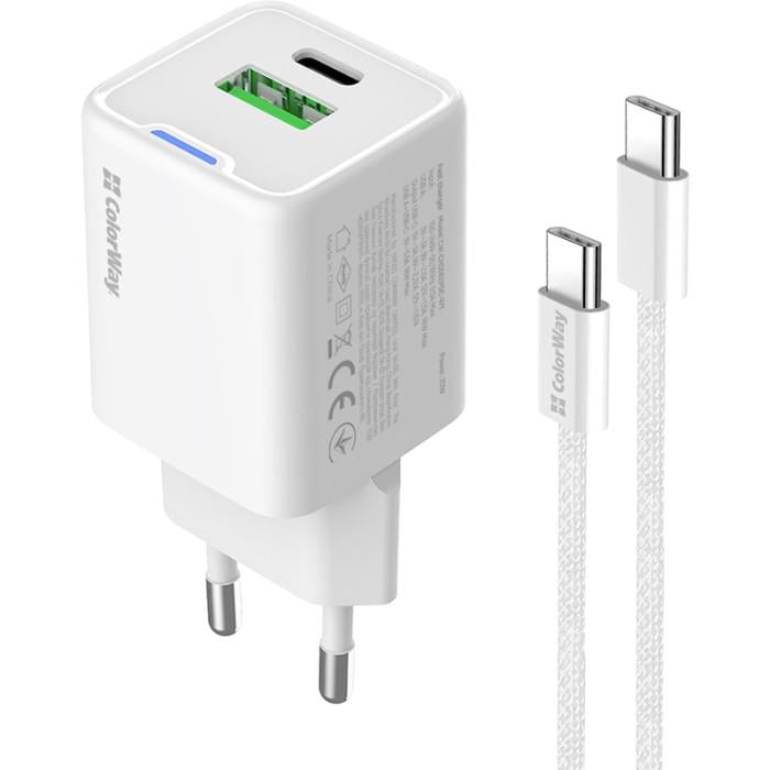Зарядное устройство сетевое ColorWay GaN Mini CW-CHS062PDC-WT 20W 1xUSB-C 1xUSB-A с кабелем USB-C PD 3.0/QC 4.0 PPS White