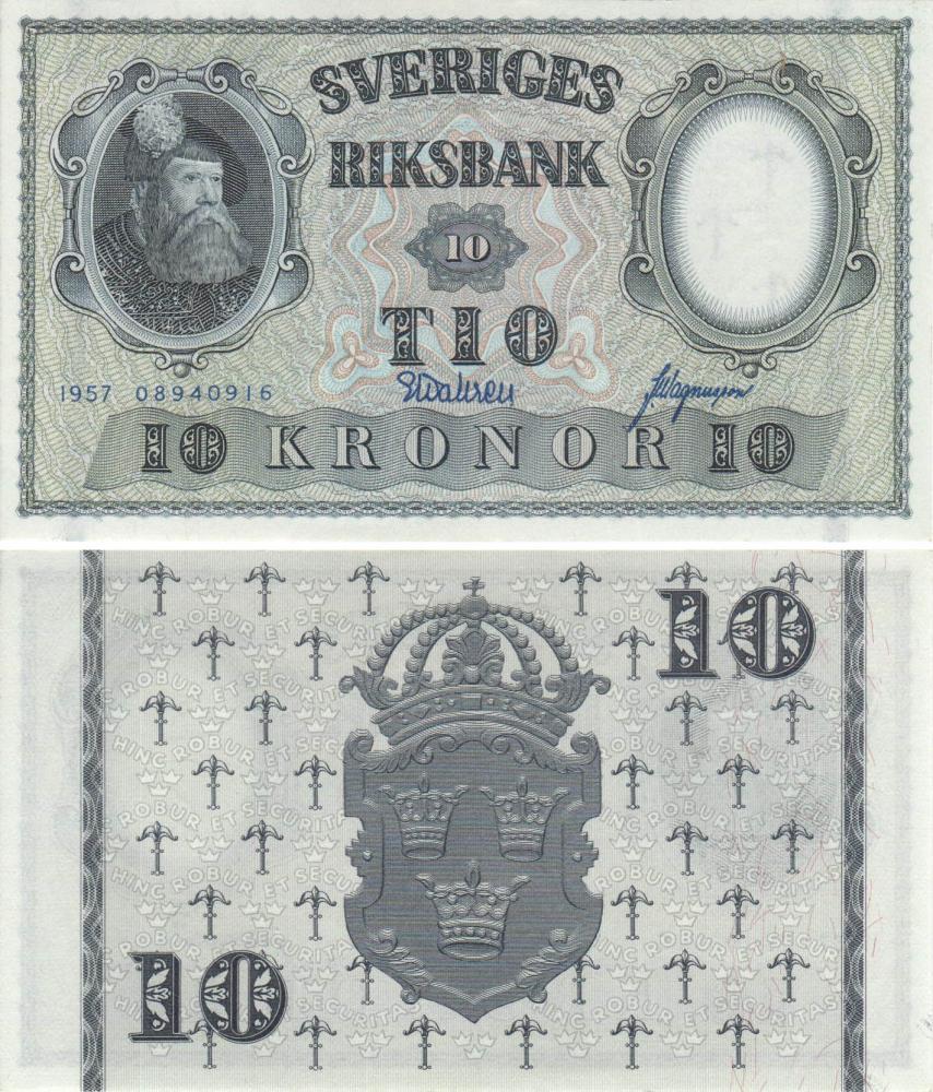 Коллекционная банкнота Швеция 10 крон 1957 UNC P43e (Б09253)