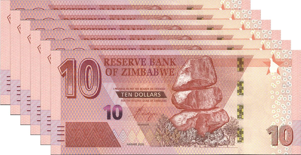 Коллекционная банкнота Зимбабве 2020 10 долларов 6 шт.,UNC