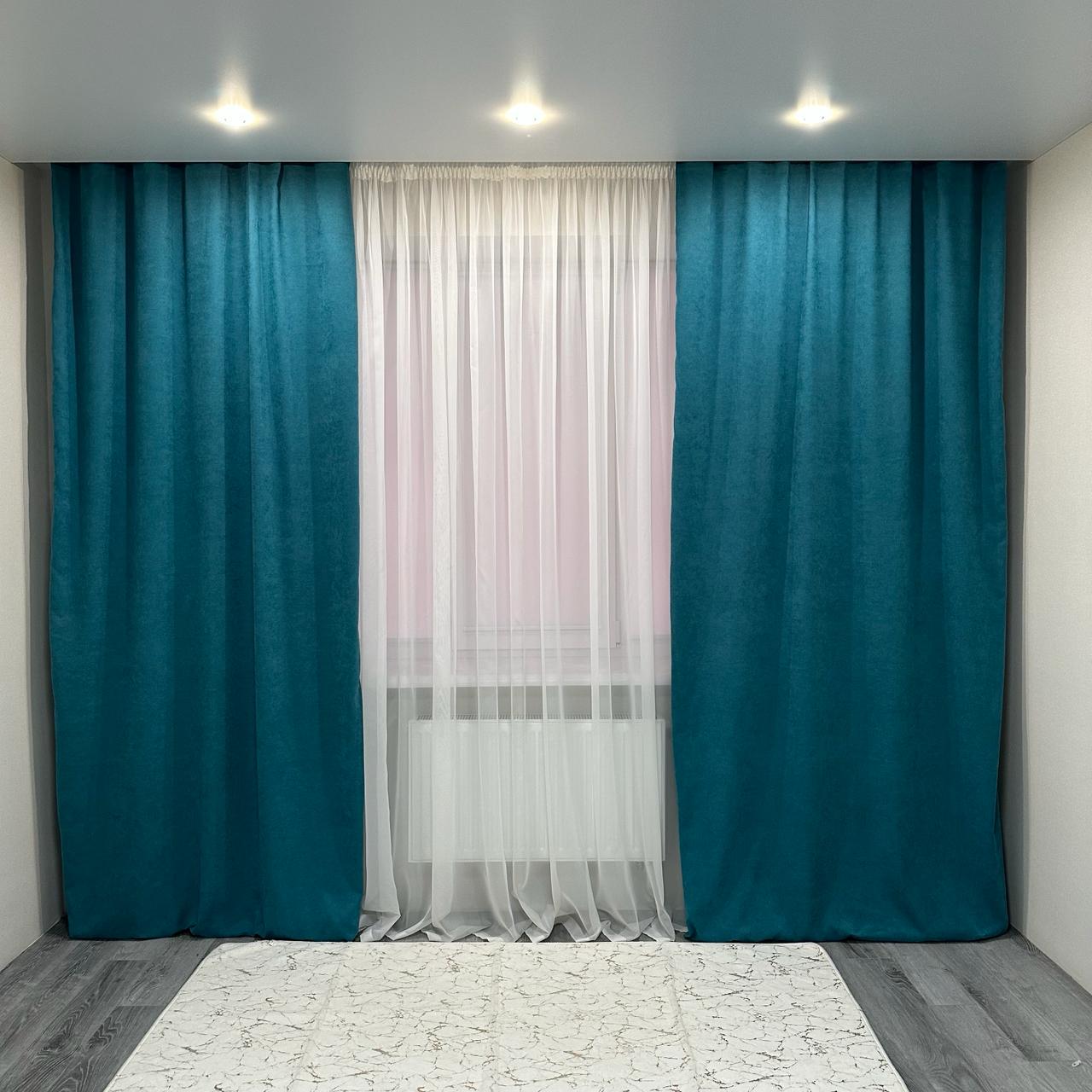 Комплект штор микровелюр 2 шт. 1,5х2,7 м готовые на шторной тесьме 6 см Бирюзовый (petek-V23) - фото 1