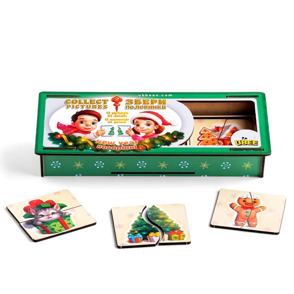 Пазлы деревянные Ubumblebees Новогодние половинки 12 картинок 26х10 см (IP-177-P-1110) Пазлы деревянные Ubumblebees Новогодние половинки 12 картинок 26х10 см (IP-177-P-1110)
