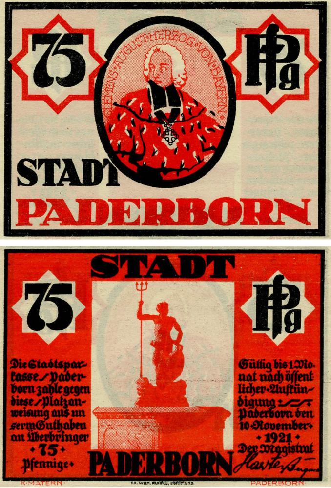 Коллекционная банкнота Германия Нотгельд 75 пфеннигов 1921 F-VF Падерборн (Б18599)