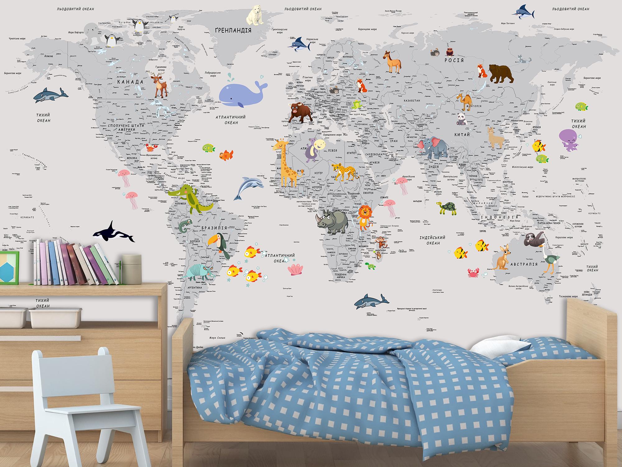 Фотошпалери флізелінові Upstream Дитяча мапа світу з смішними тваринами 180х120 см (WMK-017/2) - фото 3