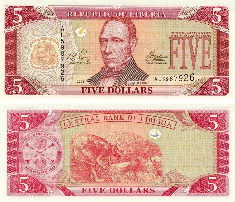 Колекційна банкнота Ліберія 5 доларів 2003 UNC P26a (Б07734)