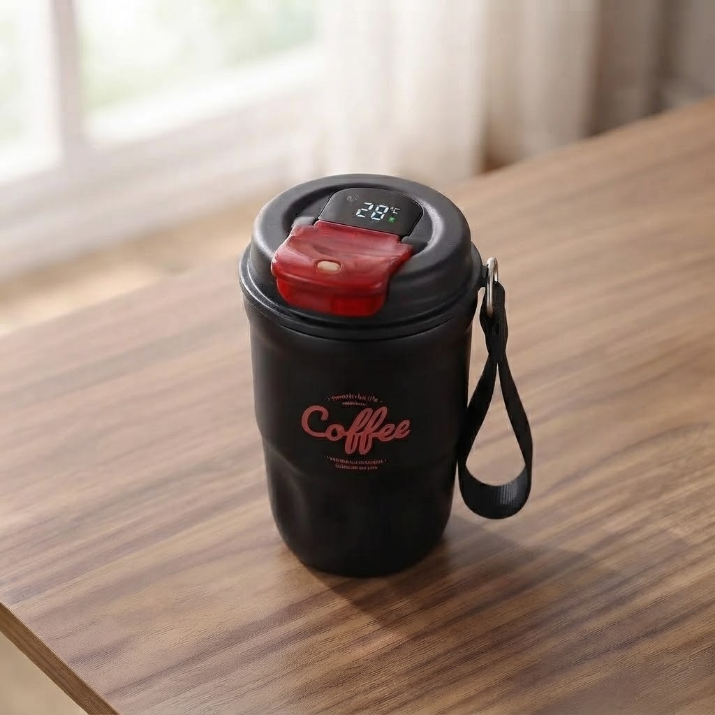 Термочашка вакуумная с ремешком датчиком температуры Coffee с двойными стенками крышка-клапан 400 мл 14x7,5 см Черный (HP-GM-17)