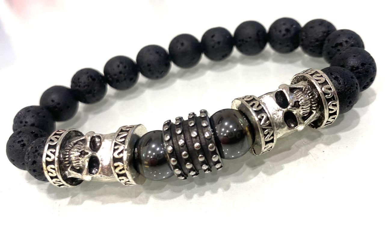 Браслет LITAURS натуральный камень гематит/лавовый камень с металлическими вставками L 18-21 см (241206-1) - фото 3