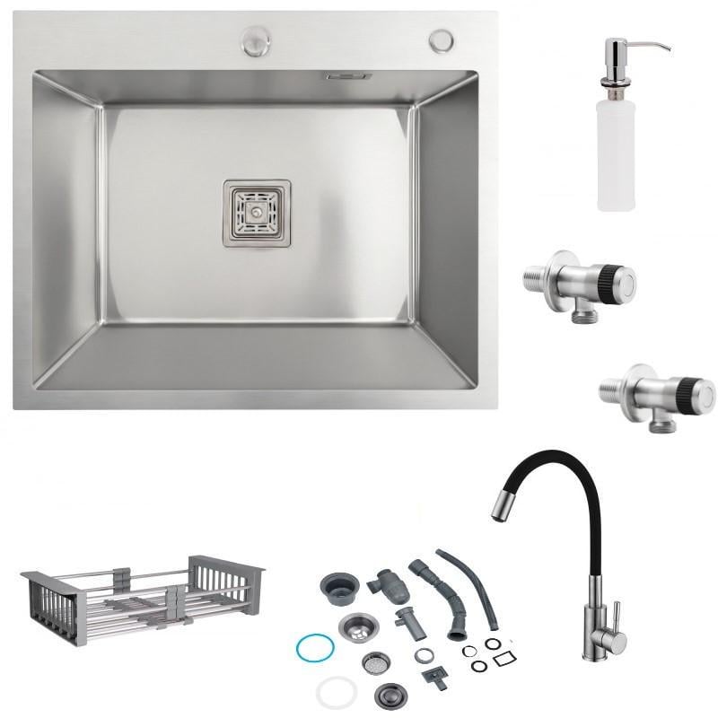 Мийка кухонна Platinum Handmade 6050/змішувач Lidz Aria для кухні 04R-BFS гнучкий та крани приладові Went 1/2х1/2