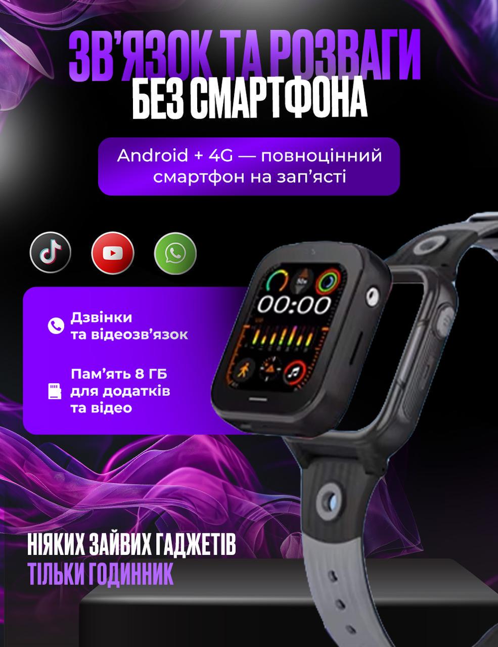 Смарт-годинник дитячий D38 з SIM картою GPS прослуховуванням відеодзвінком 4G Play Market Операційна система Android OS Чорний - фото 2