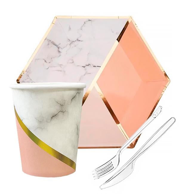 Набір одноразового посуду Геометрія на 10 персон Персиковий (10382)