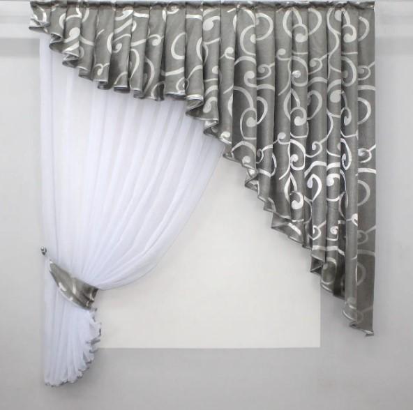 Комплект шторы/ламбрекен на кухню 150х170 см Серый/Белый (039к)