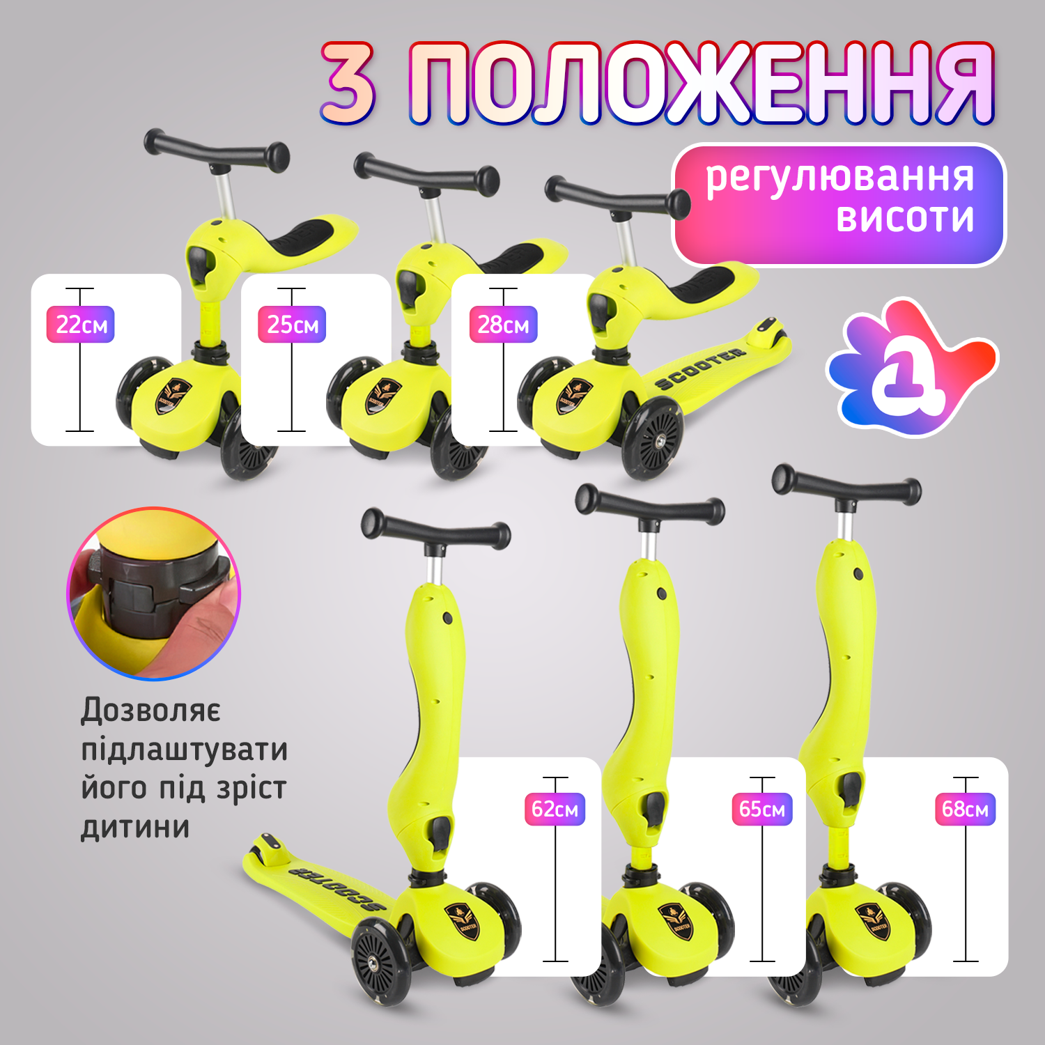 Самокат-трансформер Scooter 3в1 A1 Розовый (ZC-2201Pink) - фото 4