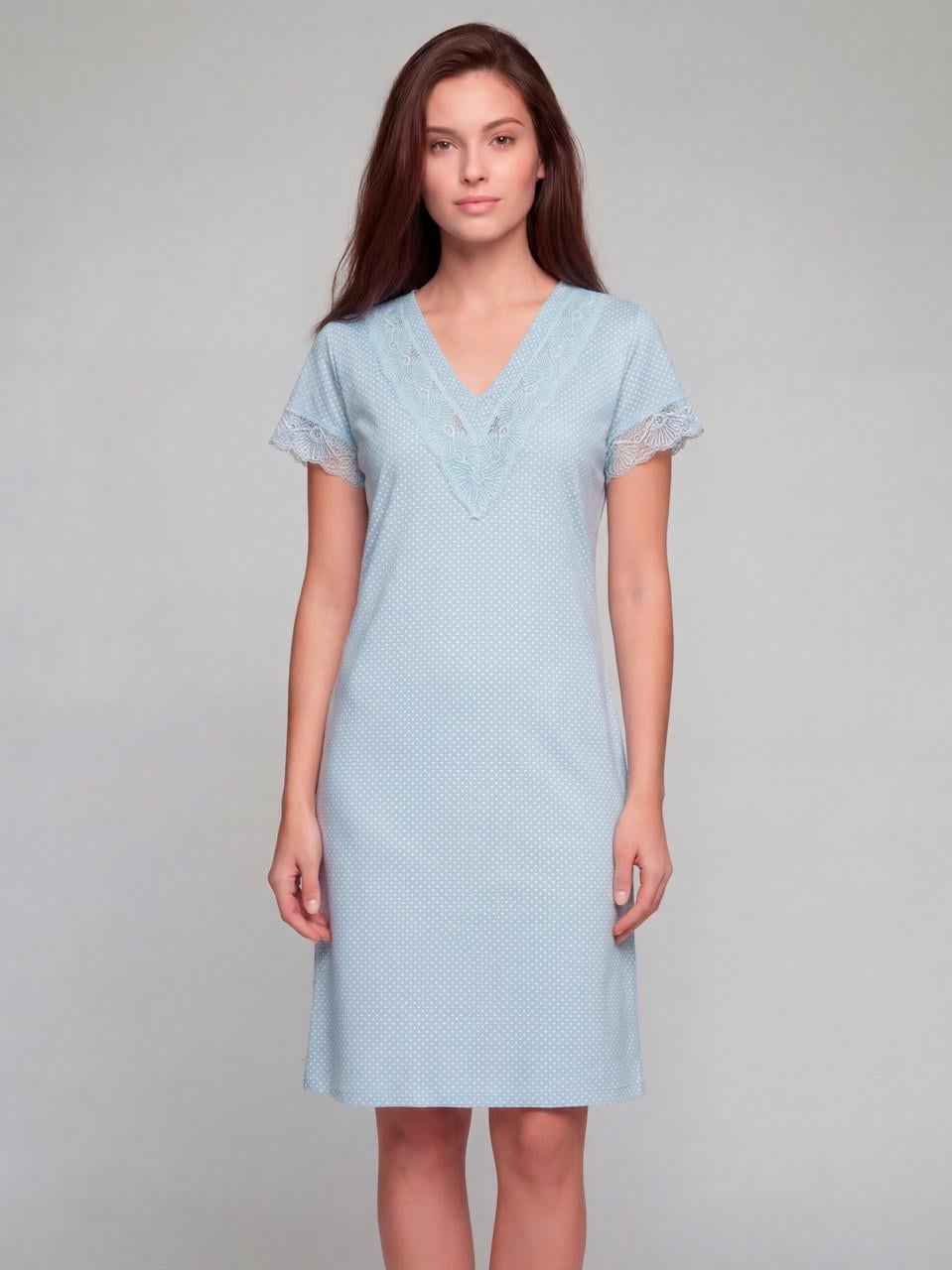 Ночная рубашка женская Roksana хлопчатобумажная с кружевом на груди у горошек M Голубой (1174/16328)
