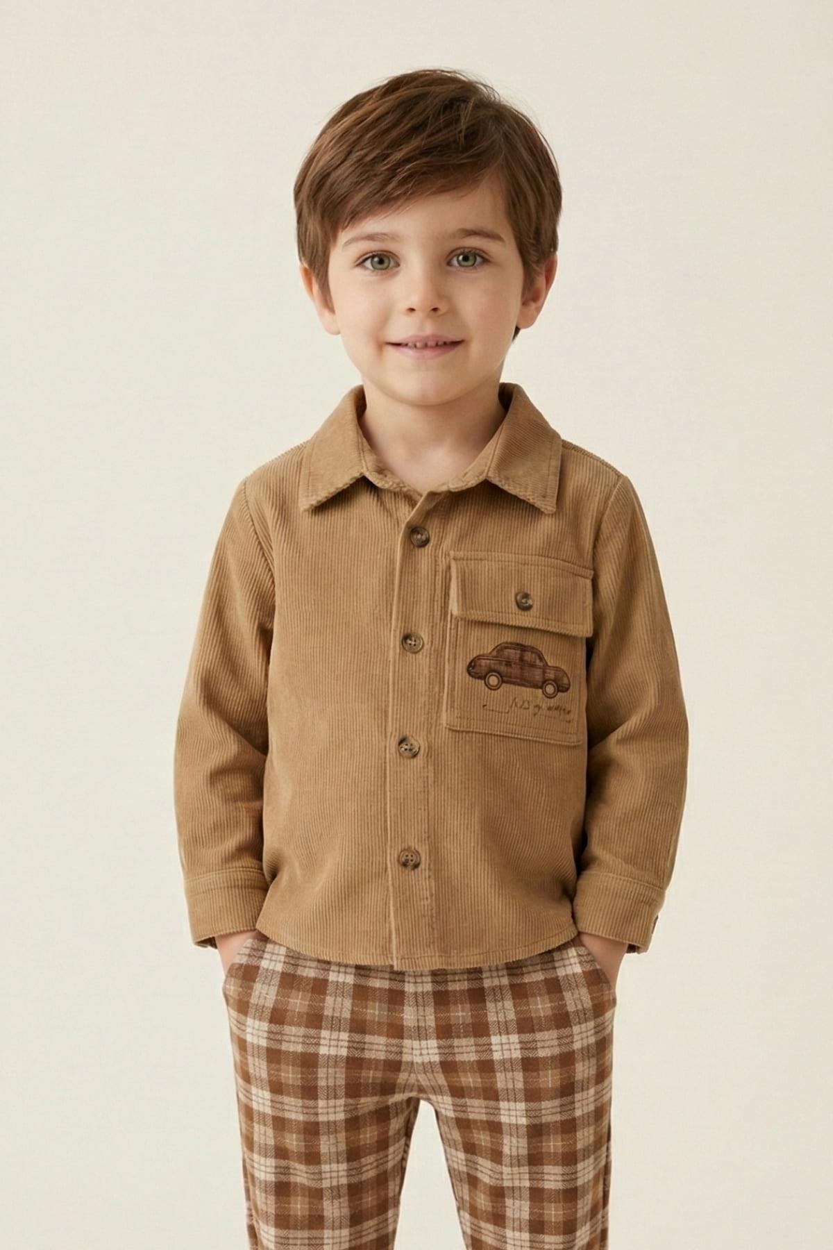Рубашка для мальчика вельветовая с вышивкой Mininio 3 года 98 см Бежевый (8683169140286)