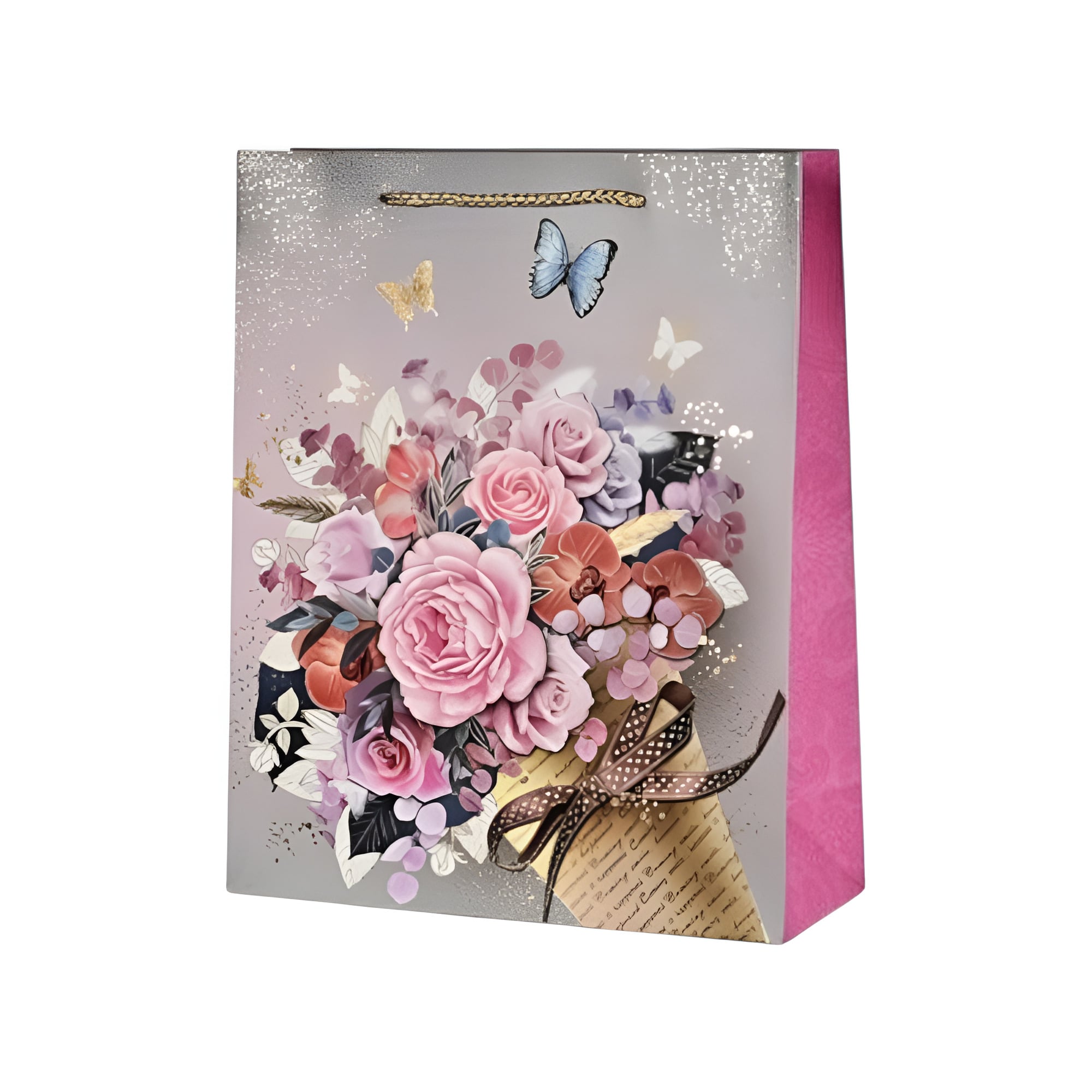 Подарунковий пакет Stenson Flower dance 26х32х10 см Сіро-бежевий з рожевим (R95501-M)