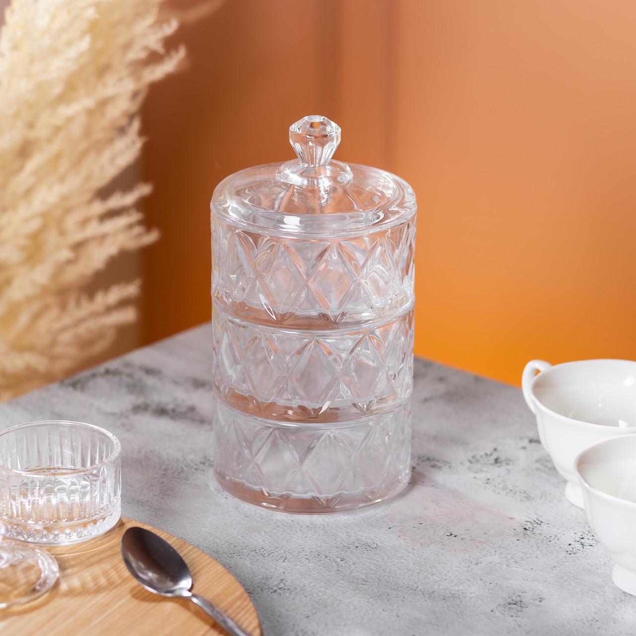 Цукерниця триярусна скляна з кришкою HP-YH-19 Ø 10 см (A-033622) - фото 6