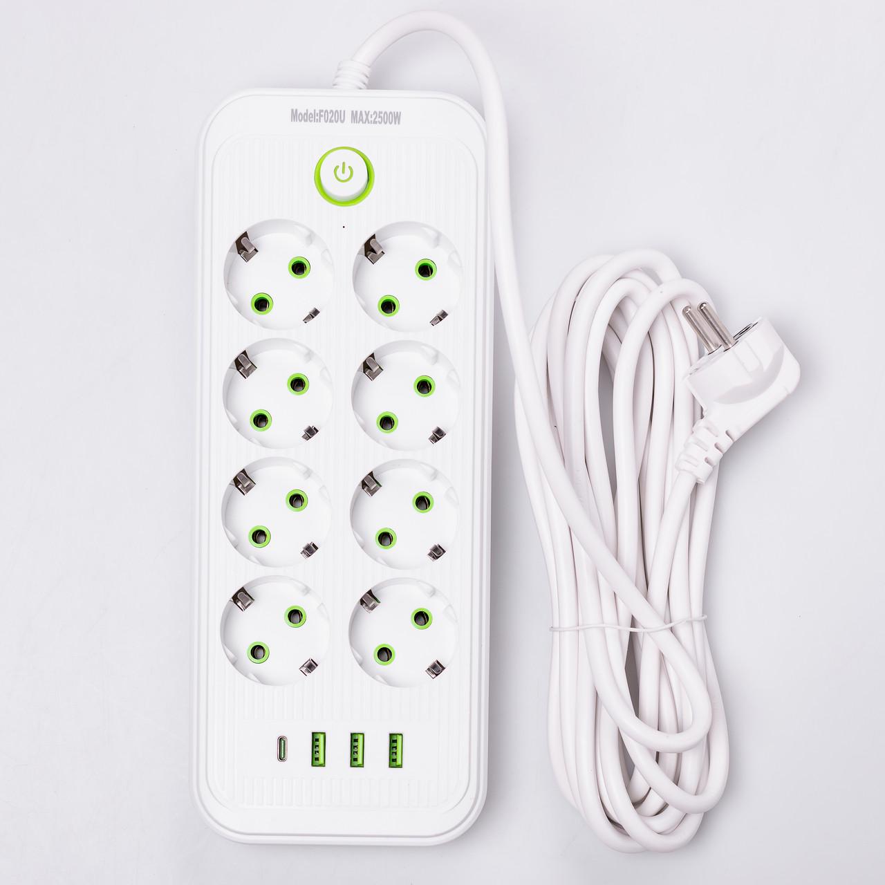 Удлинитель на 8 розеток с 3 USB 1 Type-C и кнопкой отключения F20U 2,8 м Белый (HP-5-27) - фото 3