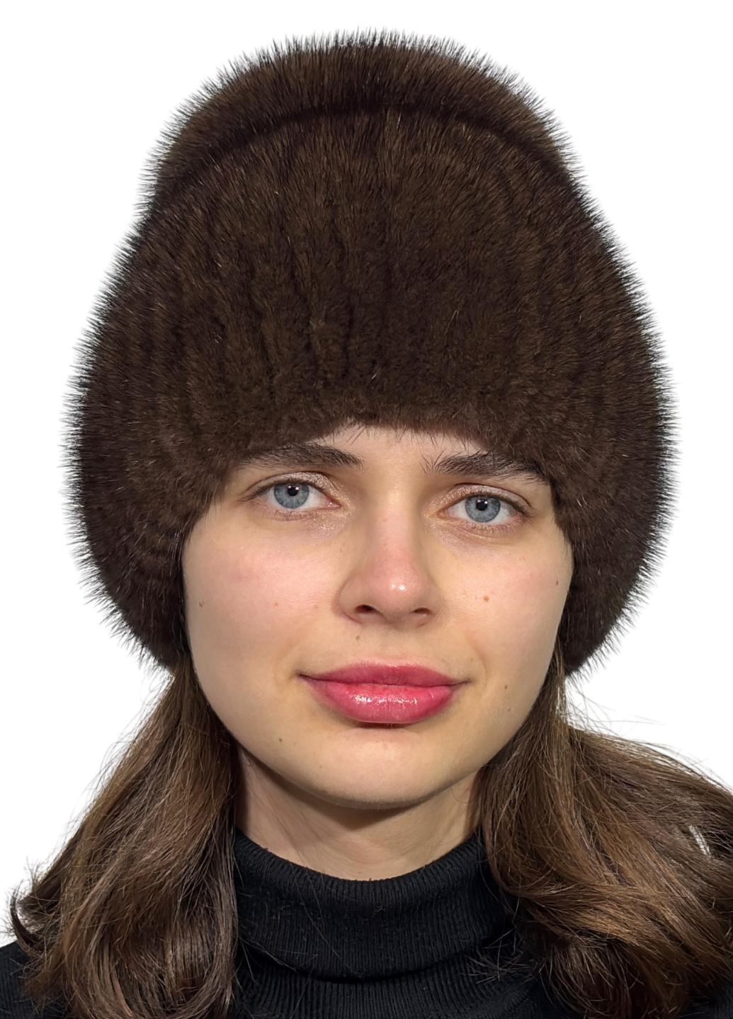 Шапка-кубанка зимняя женская из вязаной норки Меховой стиль Хвост из натурального меха XL-XXL Коричневый (109/А)