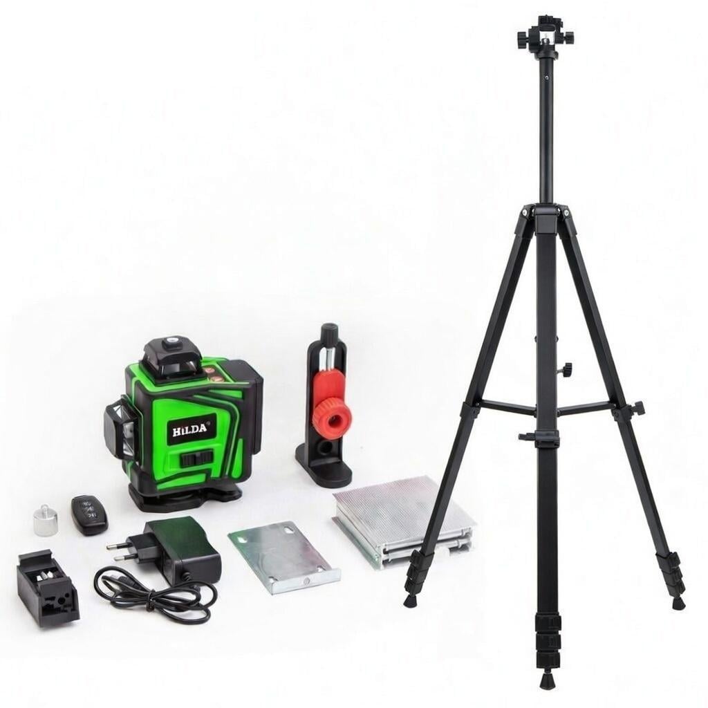 Лазерный уровень откалиброван нивелир Hilda 4D с зеленым лучом 16 линий IP64 со штативом и двумя аккумуляторами (33054461)