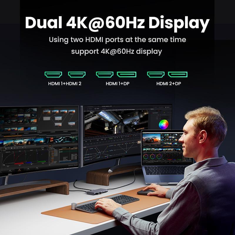 Док-станція UGREEN USB-C потрійний 4K дисплей 10Гбіт/с USB 3.2 PD 100Вт 30 см Сірий (35625) - фото 7 Док-станція UGREEN USB-C потрійний 4K дисплей 10Гбіт/с USB 3.2 PD 100Вт 30 см Сірий (35625) - фото 7