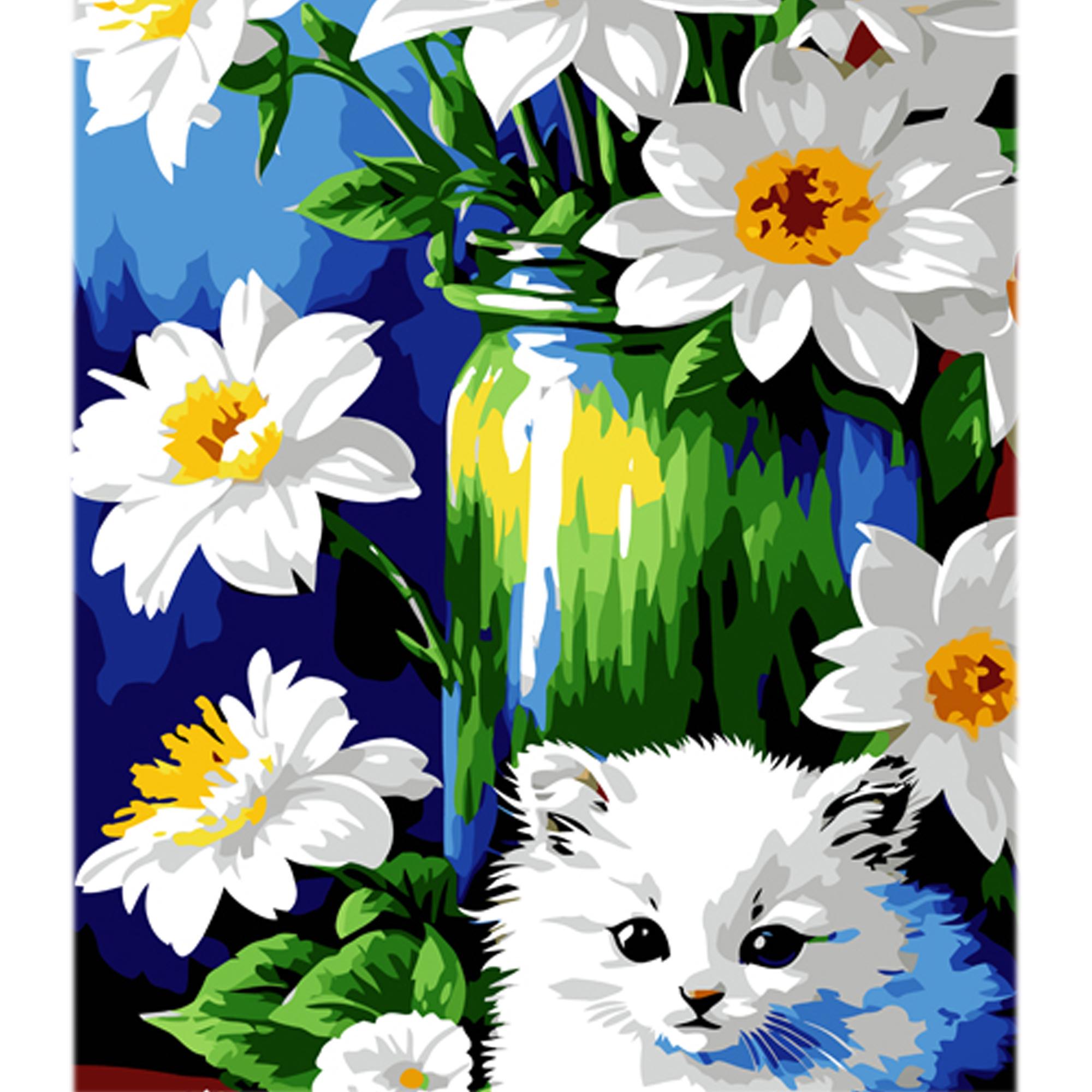 Картина по номерам Strateg Котенок среди нарциссов на цветном фоне 40x50 см (MZ043)
