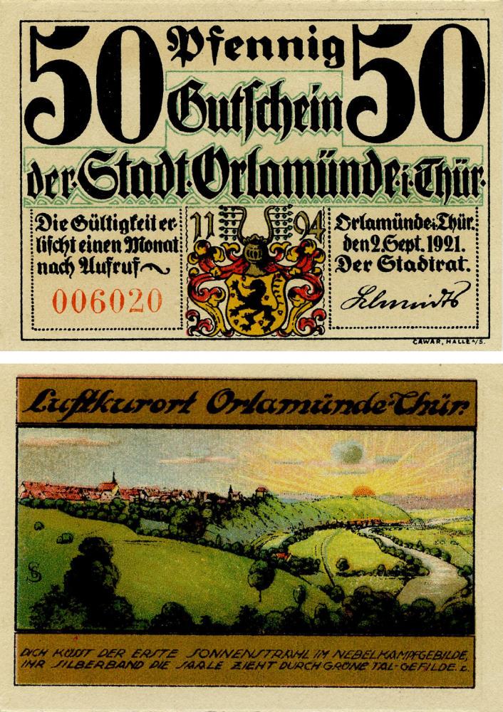 Коллекционная банкнота Германия нотгельд 50 пфеннигов 1921 F-VF Орламюнде (Б16117)