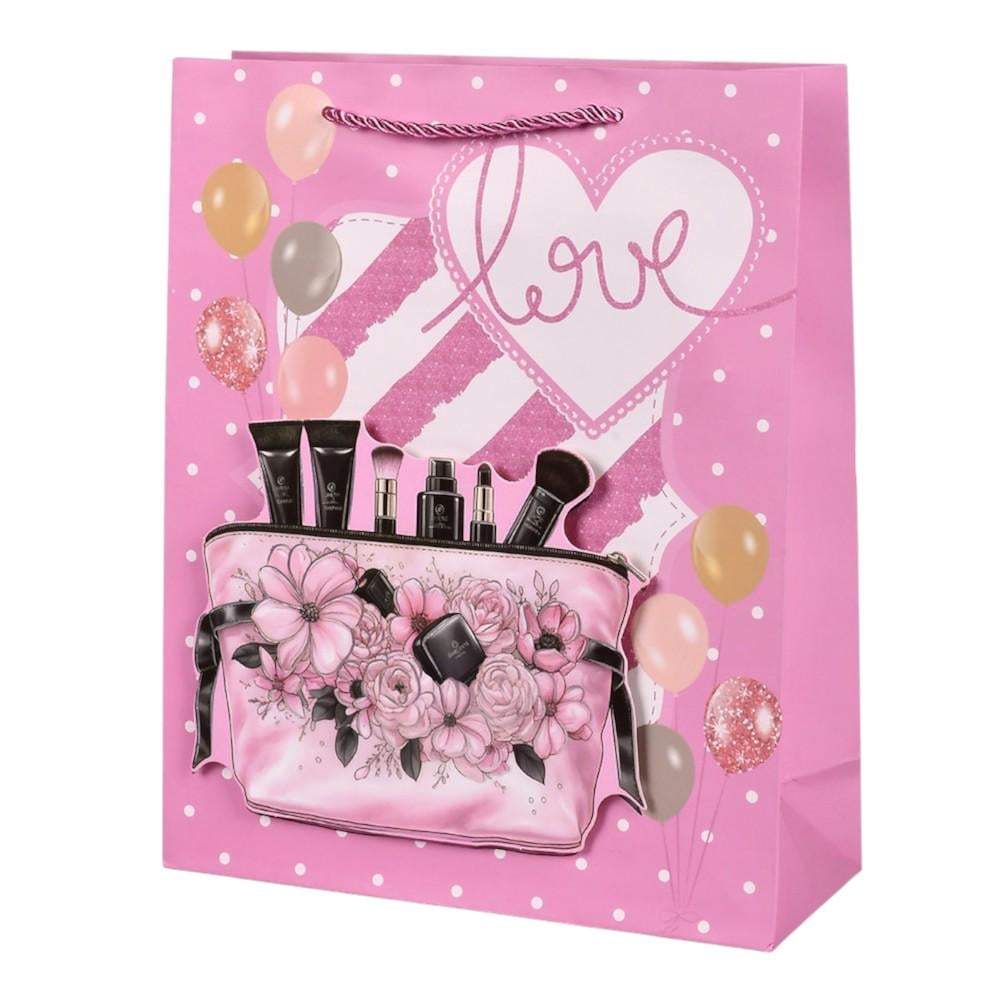 Подарунковий пакет з блискітками для дівчини Stenson Love 3D з принтом косметика 30х41,5х12 см Рожевий (R98484-L)