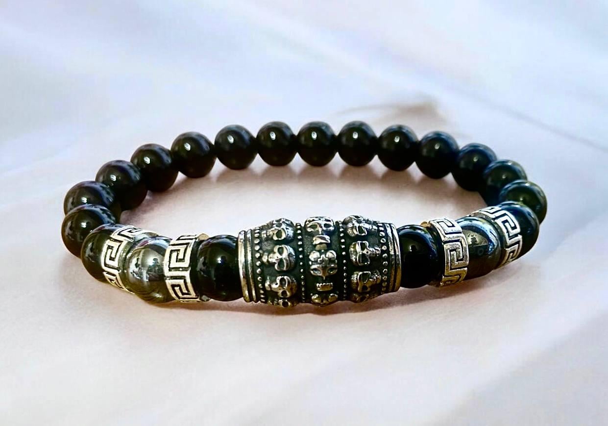 Браслет LITAURS из натурального камня Черный агат d 10 мм дополнен вставками из гематита М 15-17 см (251207)