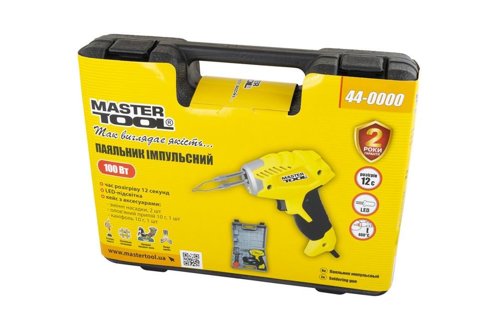 Паяльник імпульсний MasterTool з трансформатором 100 Вт/220-240V/50Hz 0-400°С LED пластиковий кейс/аксесуари (44-0000) - фото 5