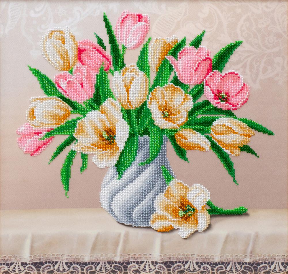 Вышивка бисером Нежные тюльпаны частичная выкладка 35x35 см (1493049004)