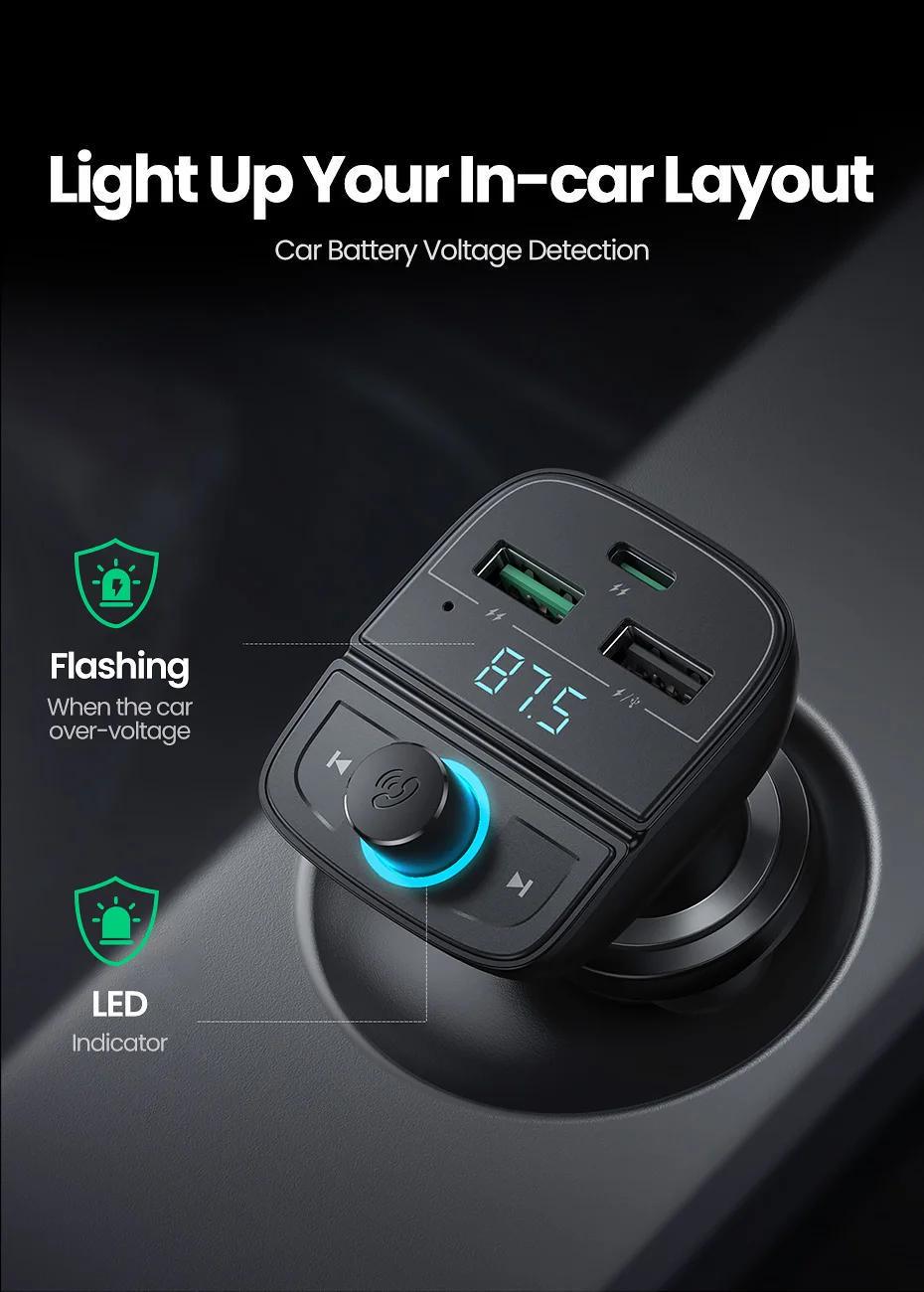 Адаптер UGREEN Bluetooth 5.0 FM-передатчик радио 2x Type-C/1x USB-A QC/PD 3.0 Hand-Free Черный (80910) - фото 4