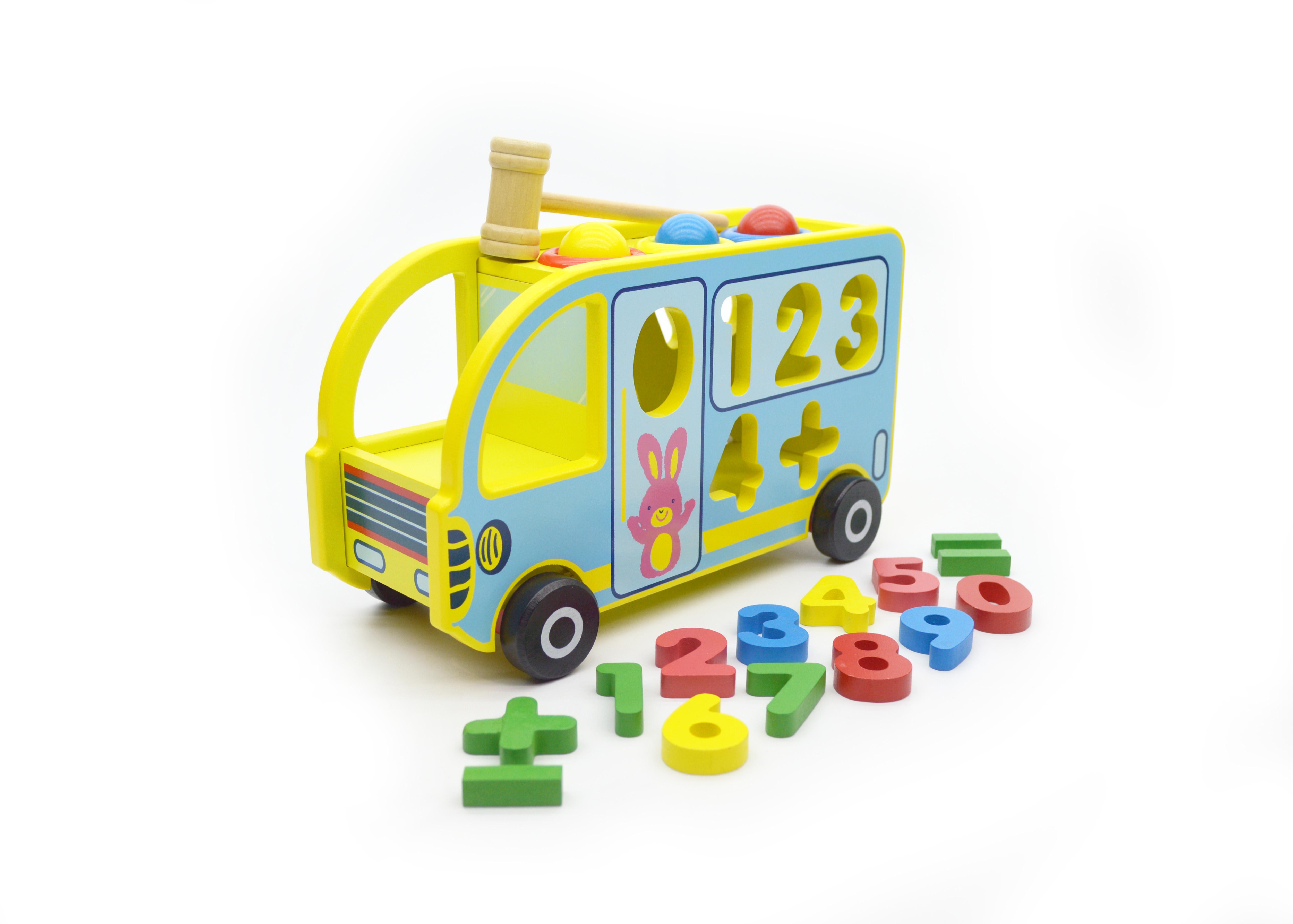 Дерев'яна іграшка автобус-сортер стукалка/каталка 0912