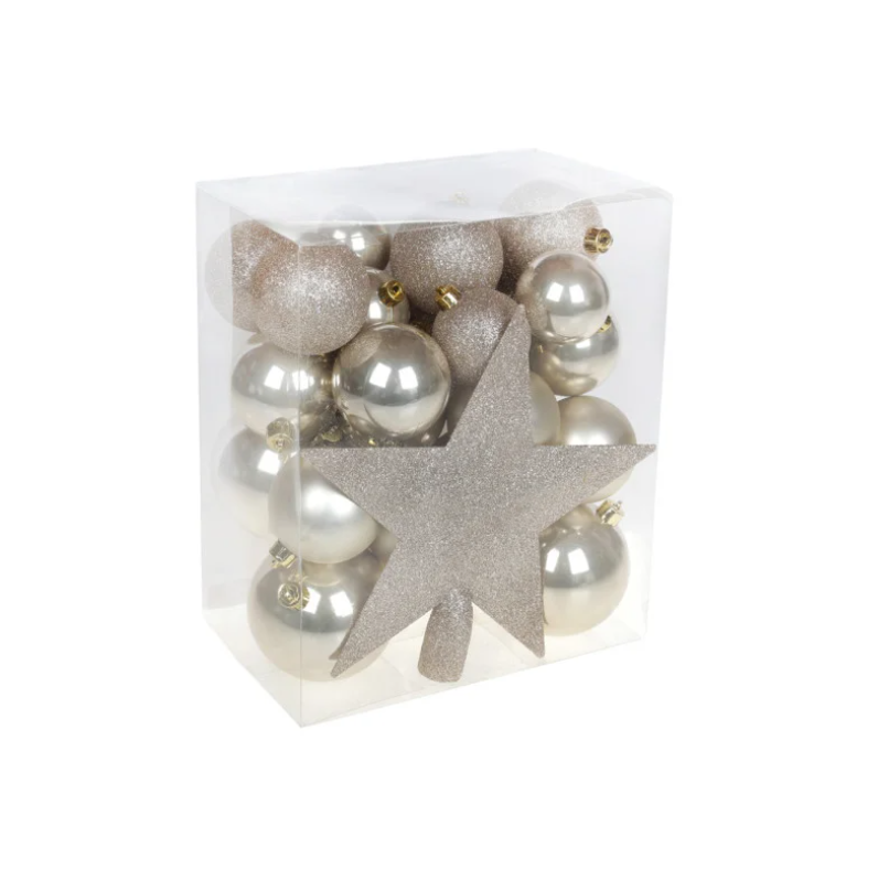 Набор елочных шаров разных размеров с верхушкой Звезда 20 см 29 шт. Шампань (2772045686)