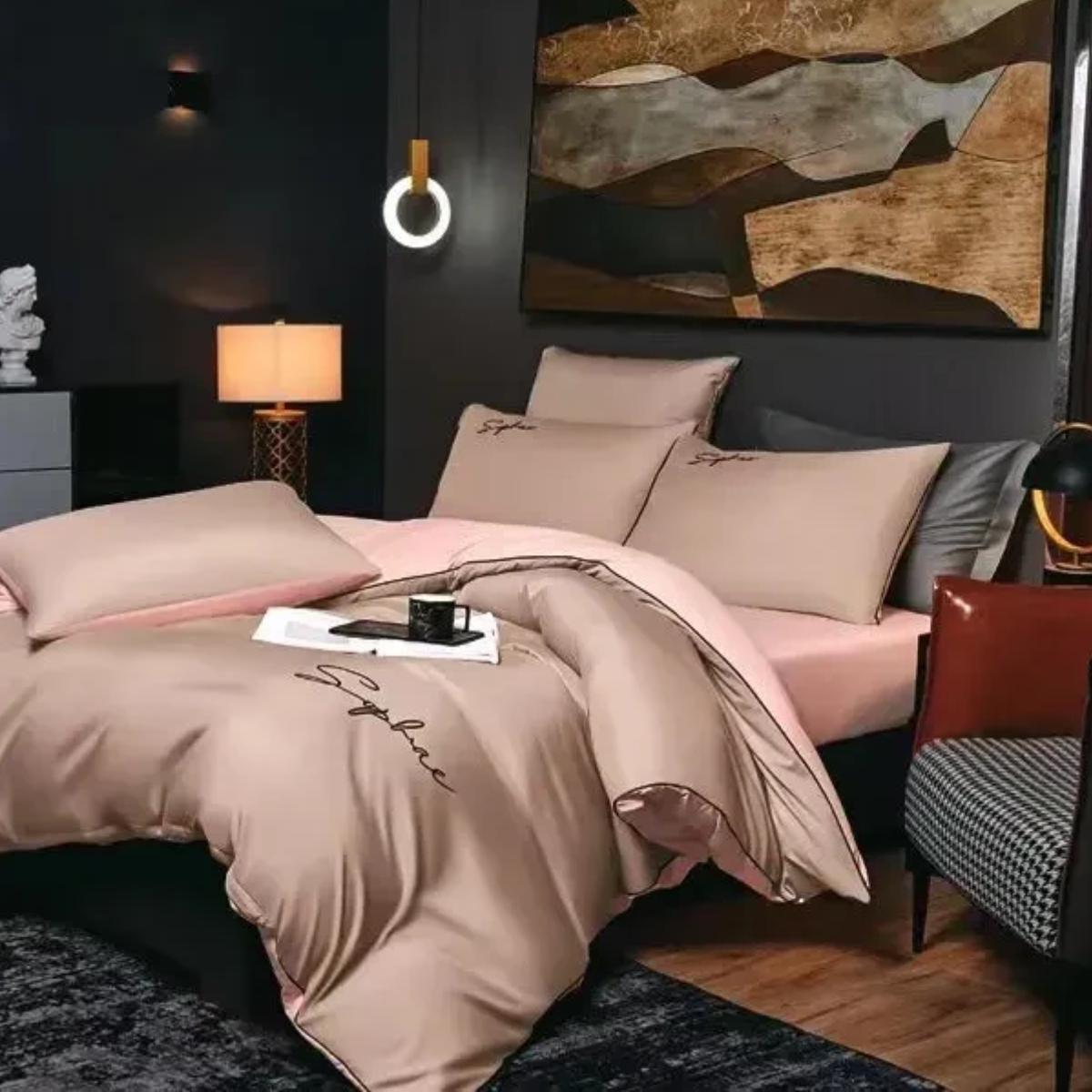 Комплект постільної білизни Євро Koloco Sophae сатин Бежевий з рожевим (41883) - фото 1 Комплект постільної білизни Євро Koloco Sophae сатин Бежевий з рожевим (41883) - фото 1