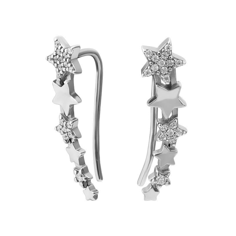 Серебряные серьги-кафы с шестью маленькими звездочками и белыми фианитами