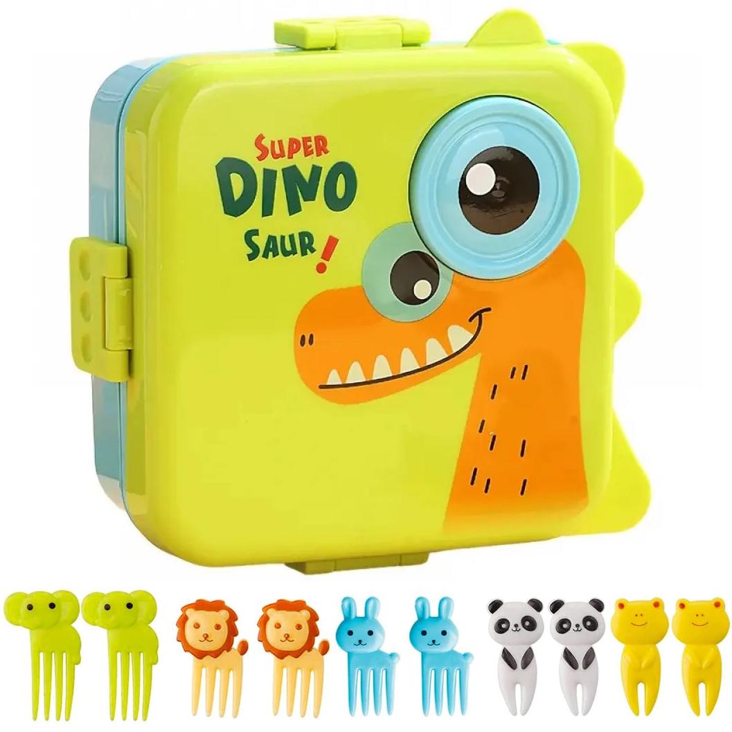 Ланч-бокс Дракон Дино пластиковый 1,6 л 6 секций с мини вилками Зеленый (906292)