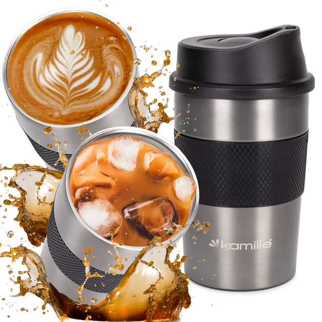 Термокружка Kamille KM-2150 из нержавеющей стали с TPR-вставкой 360 мл Стальной/Черный (150-84-2150) - фото 4