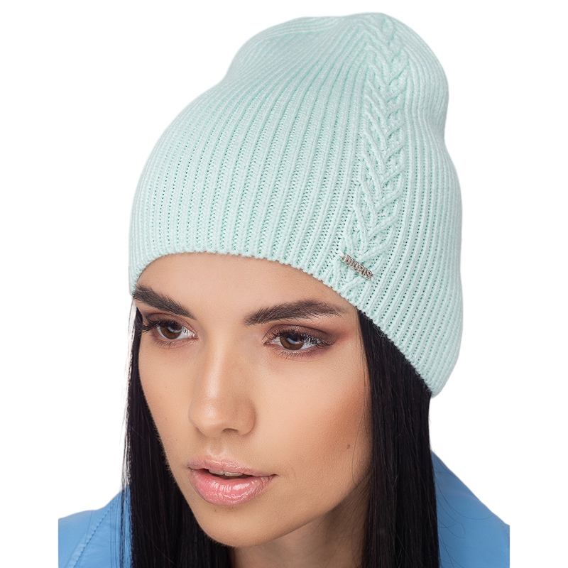 Шапка ангоровая женская Leks ЭЛЕГАНТ одинарная без отворота с красивой вязкой one size Мятный