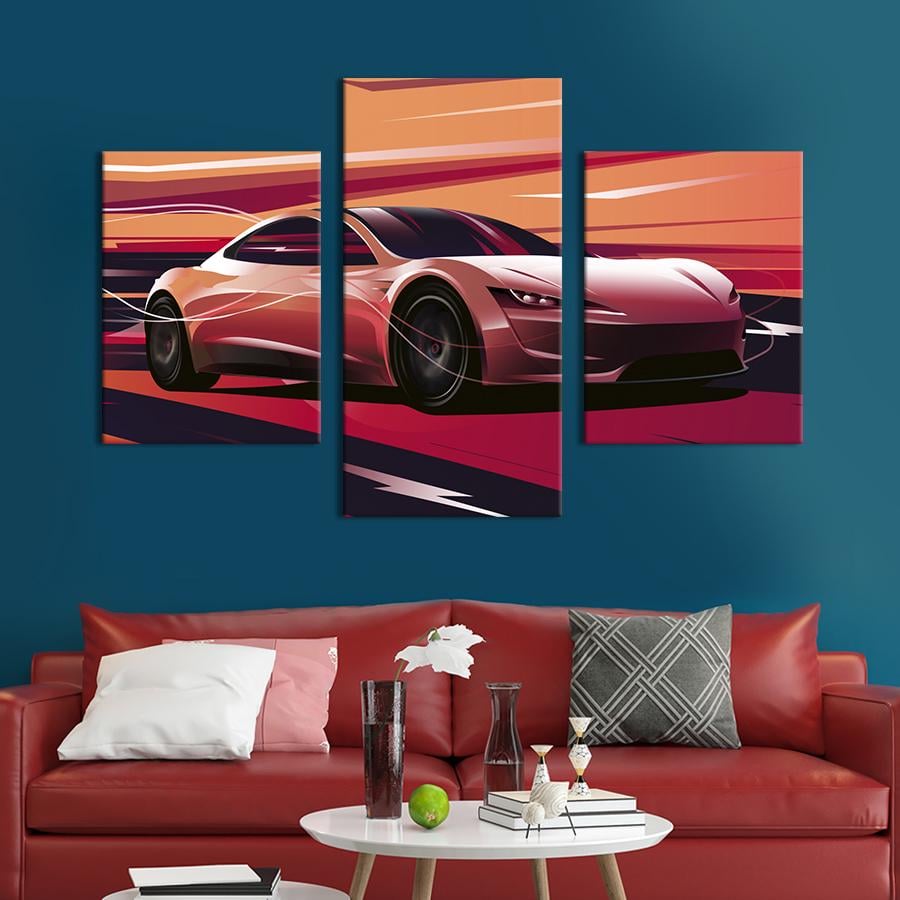 Картина на холсте триптих Электромобиль Tesla Roadster 141x90 см (1404-32)