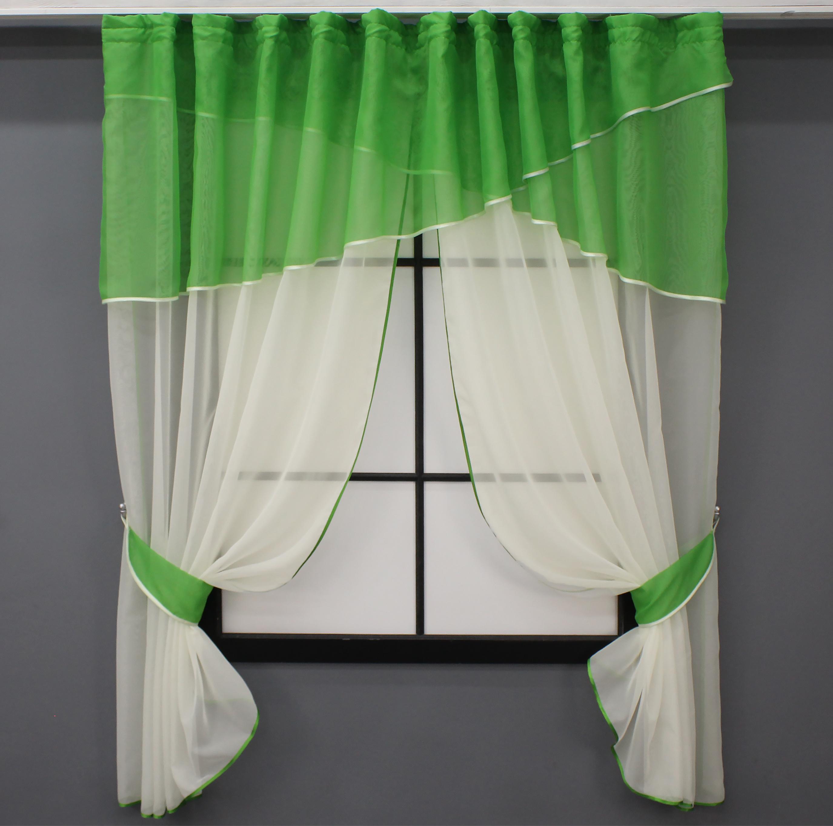 Штори кухонні VR-Textil № 091к з ламбрекеном і підв'язками 280х170 см Салатовий темний/Молочний (52-0859) Штори кухонні VR-Textil № 091к з ламбрекеном і підв'язками 280х170 см Салатовий темний/Молочний (52-0859)