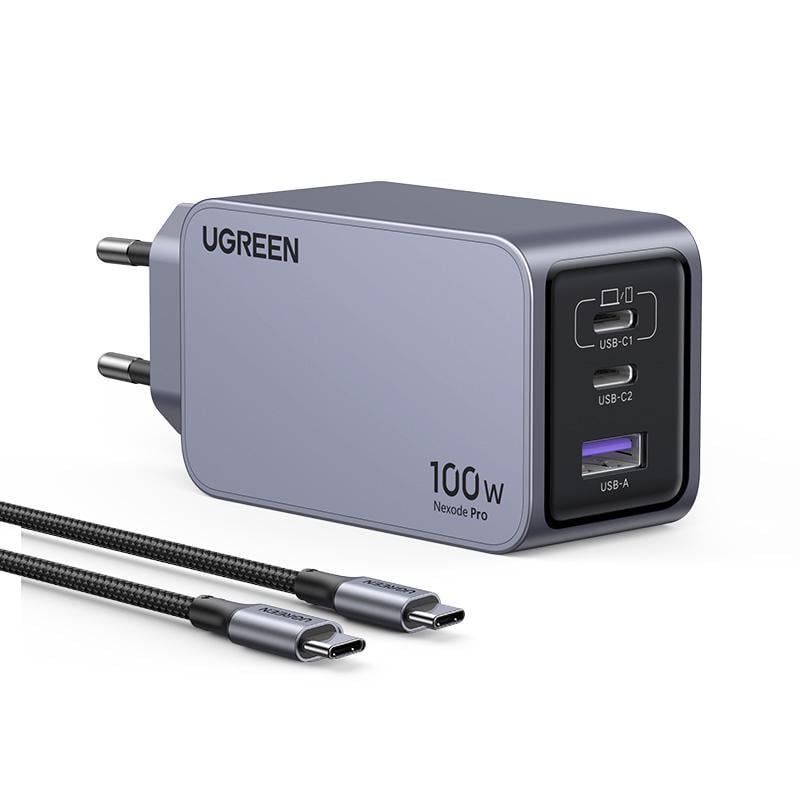 Зарядное устройство сетевое GaN UGREEN Nexode Pro X757 100 Вт 3 порта кабель 1,5 м Серый (25874)