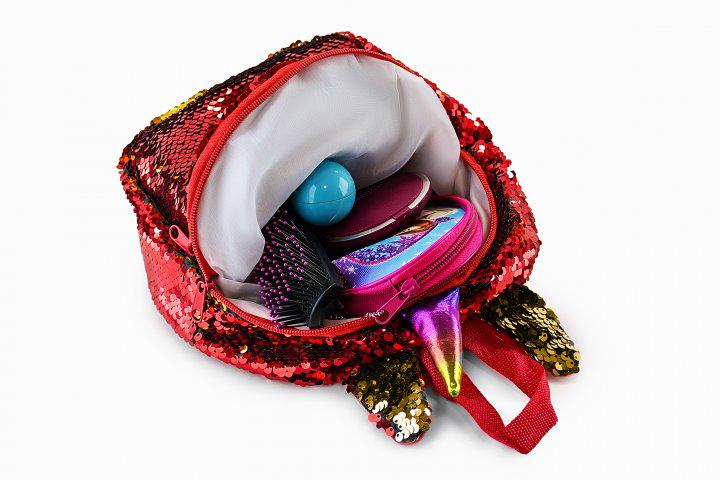 Детский рюкзак перевертыш с пайетками Единорожка Красный/Золотой - фото 2