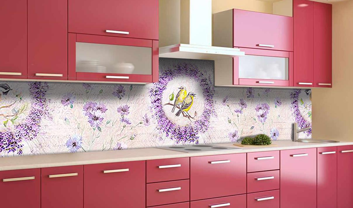 Кухонный фартук Лаванда и синицы птицы из самоклеющейся виниловой пленки 60х250 см Фиолетовый Кухонный фартук Лаванда и синицы птицы из самоклеющейся виниловой пленки 60х250 см Фиолетовый