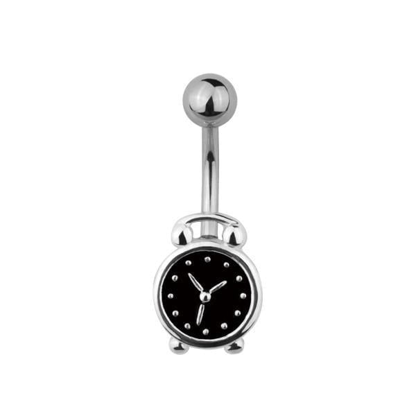 Серьга для пирсинга Банан в пупок с будильником у которого циферблат в черной эмали (TBPN166)