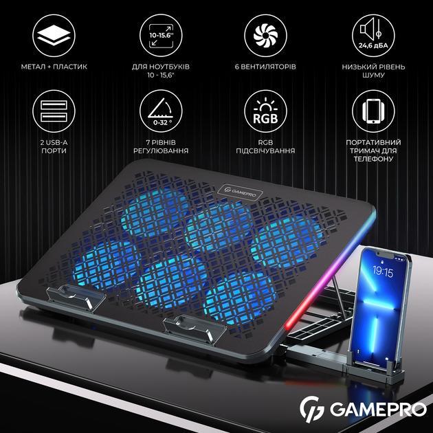 Подставка для ноутбука охлаждающая RGB с подставкой под телефон GamePro CP590 с USB портами 2 шт. Black (CP590) - фото 11